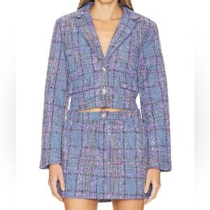 Blue and Purple Plaid Tweed Blazer and Skirt Set